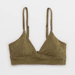 Aerie Sparkle Triangle Banded Bikini Top Small NWT Shiny Lurex UPF 50 Olive